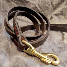 Load image into Gallery viewer, Buffalo leather leash thick brown leather, stitched and rivets, strong, handmade, elegant, solid brass hardware, carabiner, clip
