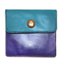 Load image into Gallery viewer, Hand made colourful purple turquoise and blue wallet, cards, coins, notes compartments, Kangaroo leather  Edit alt text
