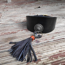 Load image into Gallery viewer, Whippet, Greyhound, hound handmade leather collar with the tassel  Hand made and dyed collar from veg tanned cow leather. Buckle in solid brass with steel pin.  Decorative rivet with tassel attached to it ( can be removed )
