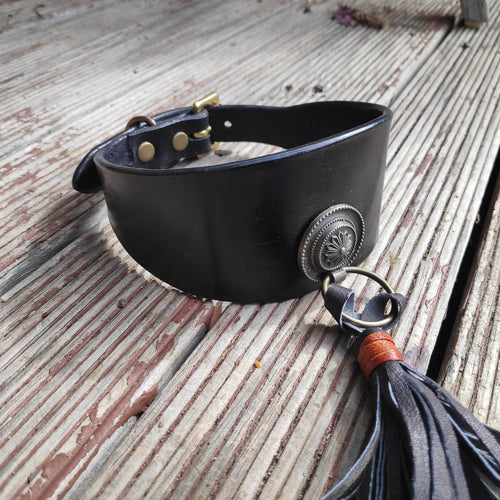 Hand made and dyed collar from veg tanned cow leather. Buckle in solid brass with steel pin.  Decorative rivet with tassel attached to it ( can be removed ) Free Id tag with your pet name! for  Greyhound,Lurcher, Saluki, Irish Wolfhound, Scottish Deerhound, Whippet, Greyhound, Bedlington Terrier 