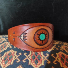 Load image into Gallery viewer, Hand-made and dyed collar from veg-tanned cow leather. Buckle and D-ring in solid brass which will develop a beautiful patina with time. Handtooled design, dye and acrylic paint.
