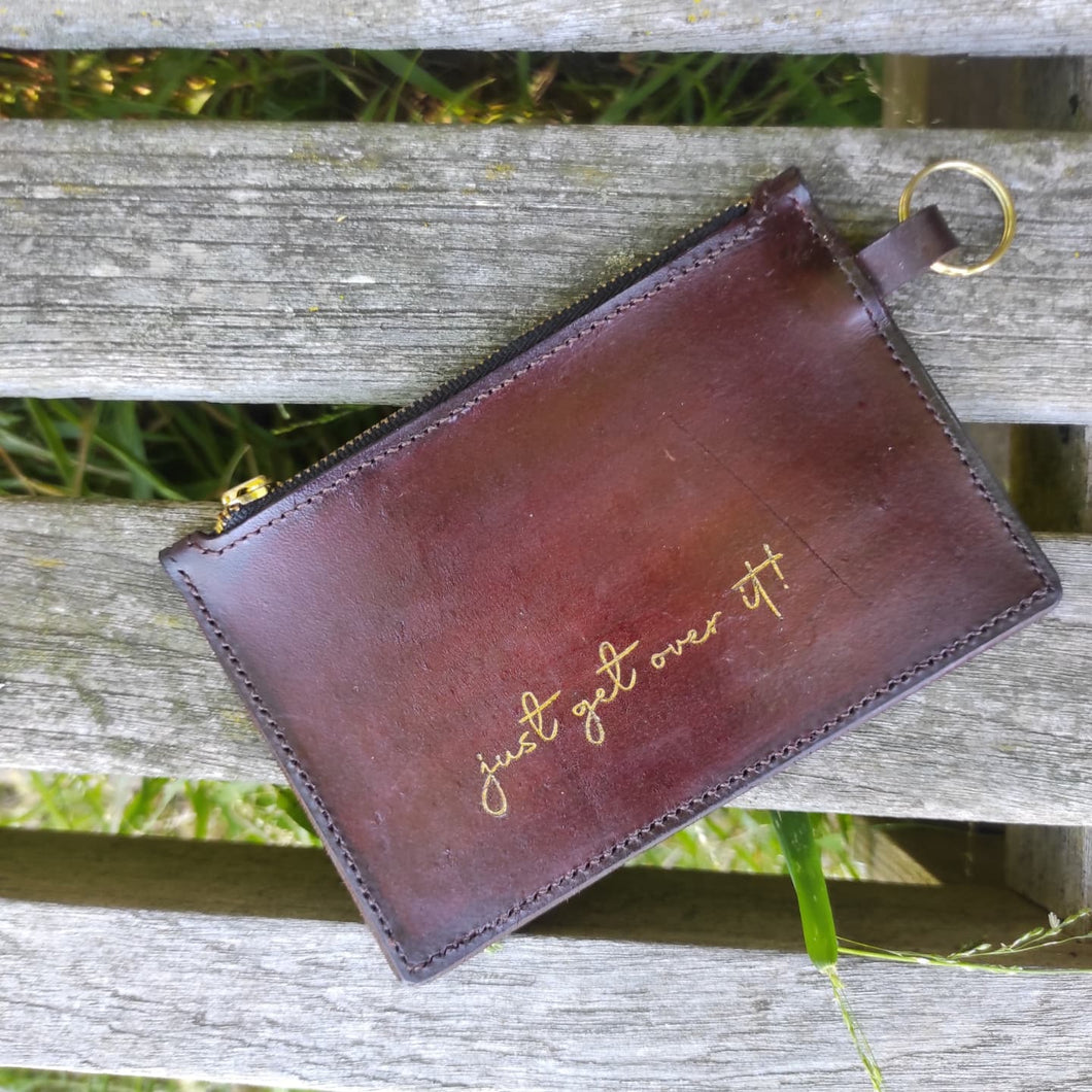 Handmade personalized leather wallet pouch with key ring and zipper - your own quote/logo/initials and colors - size A6
