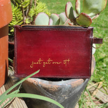 Load image into Gallery viewer, Handmade personalized leather wallet pouch with key ring and zipper - your own quote/logo/initials and colors - size A6
