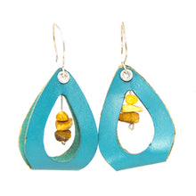 Load image into Gallery viewer, Beautiful turquoise and gold kangaroo leather earrings, all 925 sterling silver parts, raw amber stack inside 
