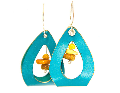Beautiful turquoise and gold kangaroo leather earrings, all 925 sterling silver parts, raw amber stack inside 