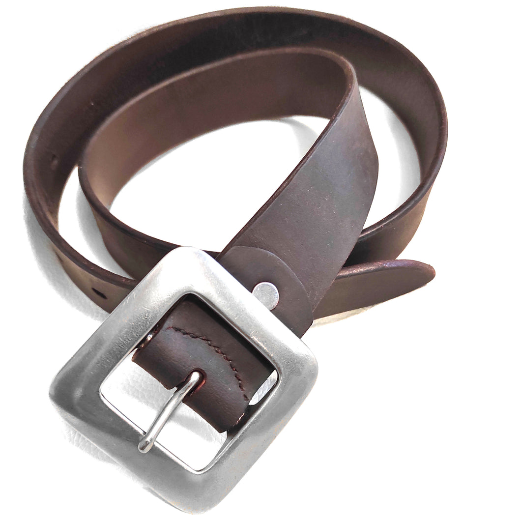 Handmade dark brown oiled leather belt, buffalo leather, big silver buckle, wide, thick leather  