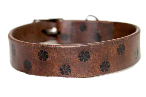 Buffalo leather collar small / medium size with pyrography flowers and brushed silver buckle