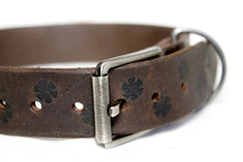 Load image into Gallery viewer, Buffalo leather collar small / medium size with pyrography flowers and brushed silver buckle

