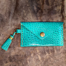 Load image into Gallery viewer, Credit envelope style cards business cards holder wallet leather in many colors, tassel, cute, hand stitched turquoise green
