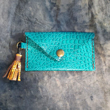 Load image into Gallery viewer, Credit envelope style cards business cards holder wallet leather in many colors, tassel, cute, hand stitched turquoise orange
