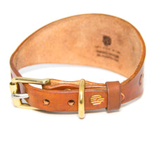 Load image into Gallery viewer, Hand-made and dyed collar from veg-tanned cow leather. Buckle and D-ring in solid brass which will develop a beautiful patina with time. Handtooled design, dye and acrylic paint.
