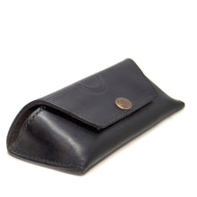 Load image into Gallery viewer, Handmade in Australia leather glasses case, lined with suede, hand-stitched, snap button closure, black 

