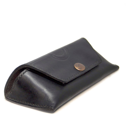 Handmade in Australia leather glasses case, lined with suede, hand-stitched, snap button closure, black 