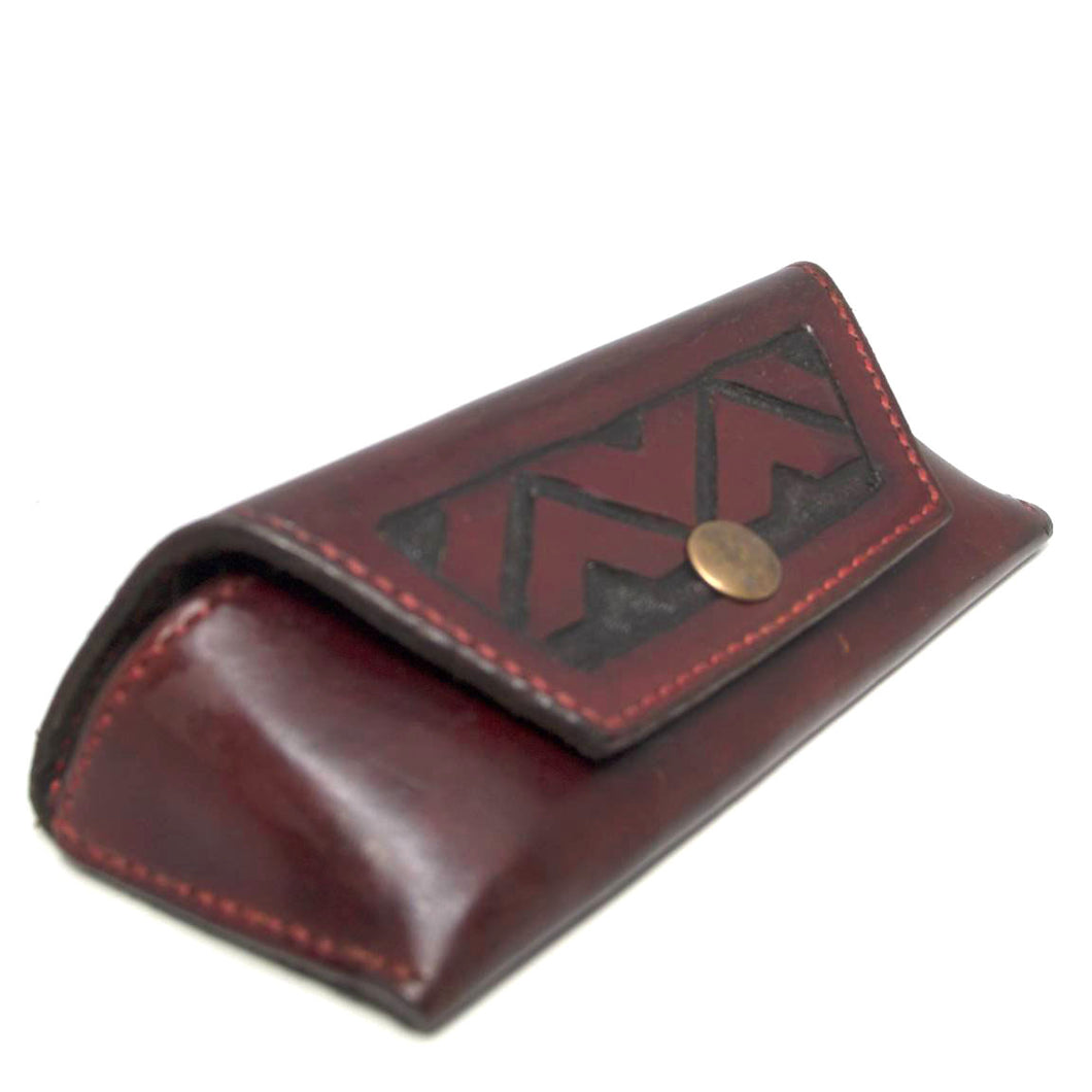 Handmade in Australia leather glasses case, lined with suede, hand-stitched, snap button closure, brown 