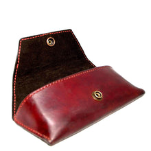 Load image into Gallery viewer, Handmade in Australia leather glasses case, lined with suede, hand-stitched, snap button closure, brown 
