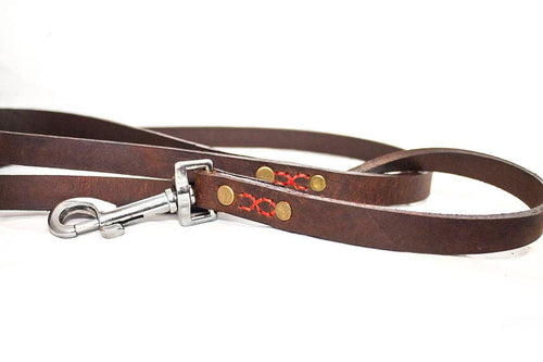 Buffalo leather leash thick brown leather, stitched and rivets, strong, handmade, elegant, silver hardware