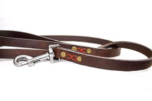 Load image into Gallery viewer, Buffalo leather leash thick brown leather, stitched and rivets, strong, handmade, elegant, silver hardware variants
