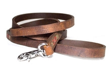 Load image into Gallery viewer, Buffalo leather leash thick brown leather, stitched and rivets, strong, handmade, elegant, silver hardware variants
