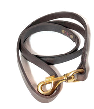 Load image into Gallery viewer, Buffalo leather leash thick brown leather, stitched and rivets, strong, handmade, elegant, solid brass hardware, carabiner, clip
