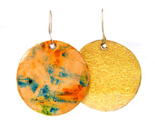 Load image into Gallery viewer, Beautiful hand dyed natural leather earrings disks, gold paint edges and back, all 925 sterling silver metal parts, light, durable, circles
