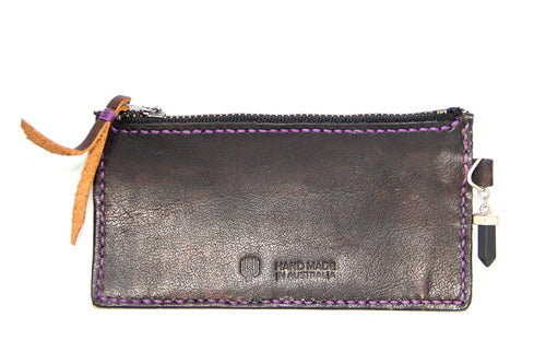 Simple hand made leather wallet pouch with a zipper, made in Australia 