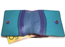 Load image into Gallery viewer, Hand made colourful purple turquoise and blue wallet, cards, coins, notes compartments, Kangaroo leather  Edit alt text
