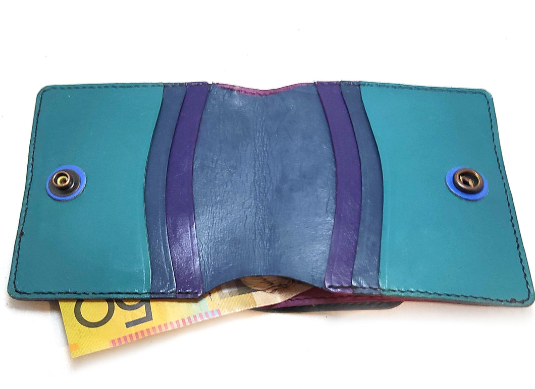 Hand made colourful purple turquoise and blue wallet, cards, coins, notes compartments, Kangaroo leather  Edit alt text