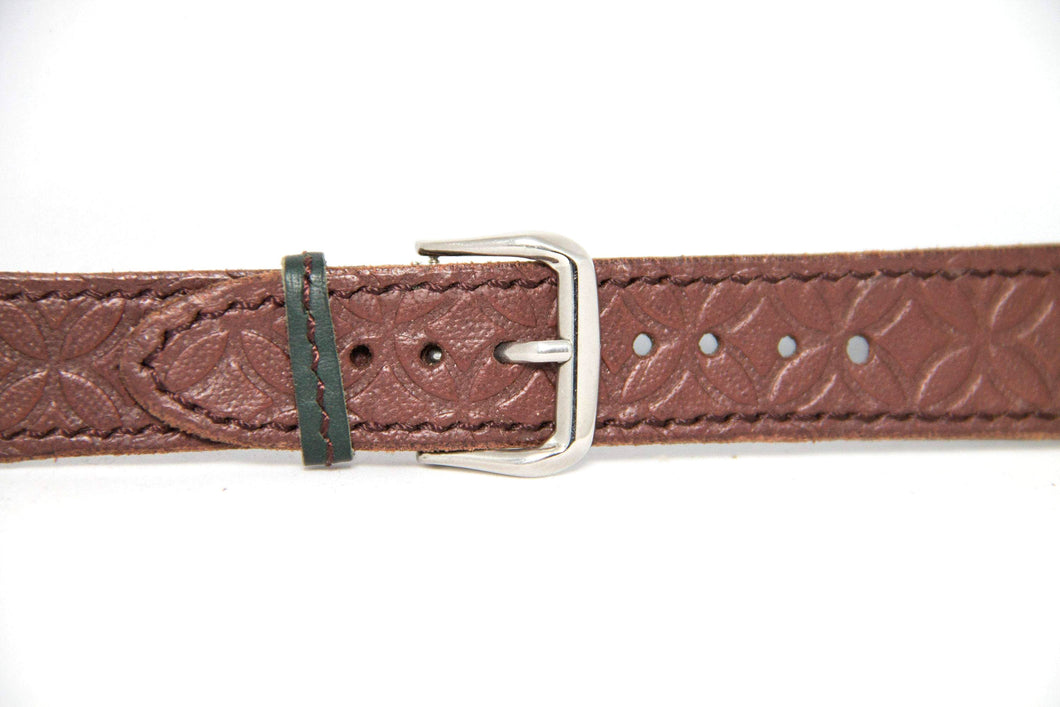 Hand made and hand stitched embossed kangaroo leather watch strap in brown, made in Australia, 20mm, circle pattern