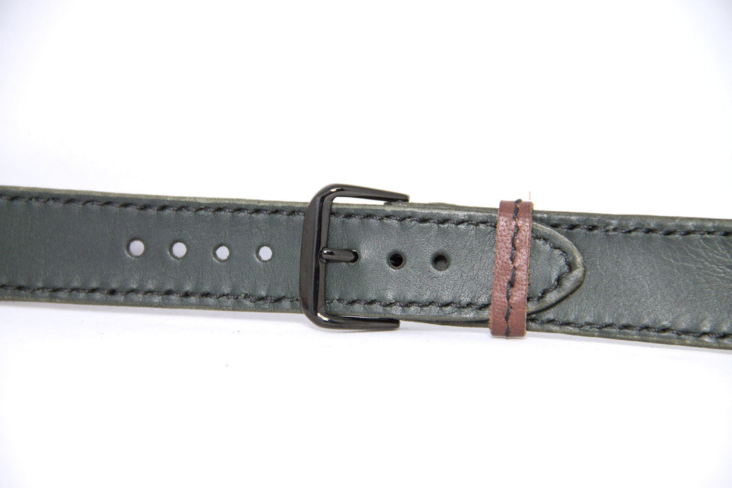 Hand made and hand stitched embossed kangaroo leather watch strap in green and brown, made in Australia, 20mm